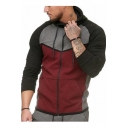 Chic Burgundy and Black Color Block Long Sleeve Zippered Hoodie with Pockets