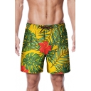 Summer Beach Tropical Plants Printed Drawstring Waist Mens Surfing Green Swim Trunks