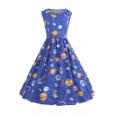 Stylish Round Neck Sleeveless Galaxy Starry Sky Planet Printed Midi A-Line Dress