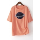 Fashion Sequined Planet Embroidered Round Neck Short Sleeve Loose Relaxed T-Shirt