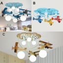 Retro Style Biplane Suspended Lamp Boys Room Glass Shade 6 Lights Flush Light in Blue/Silver/White