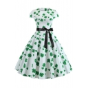 New Arrival Clover Printed Round Neck Bow-Tied Waist White Midi Fit and Flared Dress