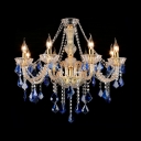 Antique Candle Chandelier 8 Lights Clear Crystal Hanging Lights with Adjustable Cord in Blue