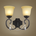 Traditional Black Wall Light with Bell and Clear Crystal 2 Lights Metal Sconce Light