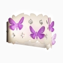 Modern Drum Sconce Light with Clear Crystal and Purple Butterfly Acrylic Wall Lamp in White