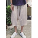 Chinese Style Retro Drawstring Waist Summer Linen Dropped Crotch Plain Cropped Pants for Guys