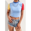 New Trendy Color Block Mock Neck Short Sleeve Blue Cropped T-Shirt