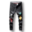 Mens New Trendy Colorful Applique Patched Slim Fit Black Ripped Jeans
