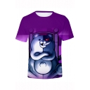 New Trendy Cartoon Black and White Bear Printed Short Sleeve Purple T-Shirt