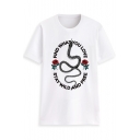 New Trendy Letter Snake Rose Printed Casual Short Sleeve Round Neck Pullover Tee