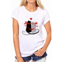 New Stylish Cartoon Cat Heart Printed Round Neck Short Sleeve Casual White T-Shirt
