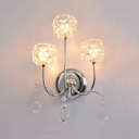 Glass Floral Wall Lighting 3-Light Modern Style Sconce Light in Chrome with Clear Crystal