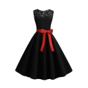 Women's Trendy Plain Lace Panel Sleeveless Bow-Tied Waist Midi Fit and Flared Dress