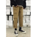 Guys Casual Loose Simple Plain Flap Pocket Side Cotton Straight Cargo Trousers