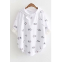 Cute Allover Fish Printed Lace Insert Round Hem Half Sleeve Removable Hood T-Shirt