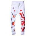 New Trendy Splashing-Ink Printed Rolled Cuff Stretch Fit White Jeans for Men