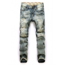 Men's Retro Distressed Ripped Knee Light Blue Straight Fitted Jeans