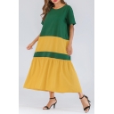 Stylish Color Block Round Neck Short Sleeve Loose Green and Yellow Maxi A-Line Dress