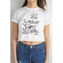 Womens Stylish Crown Letter Printed Short Sleeve Sexy Cropped T-Shirt