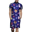 Street Fashion Letter Star Graffiti Printed Mens Short Sleeve Button Down Blue Work Rompers