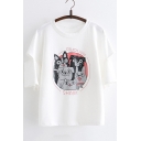 Funny Lovely Dogs Cat Letter Pattern Round Neck Cut Out Short Sleeve Casual Loose Tee