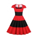 Fashion Cap Sleeve Polka-Dot Print Color Block Midi Fit and Flared Red Dress
