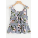 Lovely Floral Printed Tied Front Sleeveless Chiffon Grey Tank Top