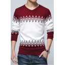 Trendy Rhombus Geometric Printed V-Neck Thin Slim Fit Sweater for Guys