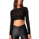 Black Round Neck Long Sleeve Leopard Printed Slim Fit Cropped Mesh T-Shirt