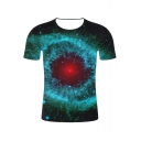 Fashion Color Block Starry Sky Printed Round Neck Short Sleeve Casual Tee