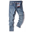 New Trendy Simple Plain Ripped Blue Stretch Slim Fit Jeans for Men