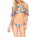Stylish Hollow Out Floral Printed Cold Shoulder Crisscross Tied Back Bikini