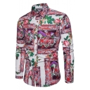 Men's Stylish Ethnic Floral Printed Long Sleeve Fitted Button-Up Linen Shirt
