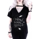 Hot Fashion Letter Planet Printed V-Neck Short Sleeve Black Casual T-Shirt
