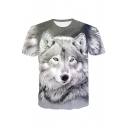 New Trendy 3D Wolf Pattern Short Sleeve Grey Casual T-Shirt for Couple