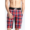 Holiday Beach Surfing Drawstring Plaids Pattern Colorblocked Loose Swim Shorts for Men