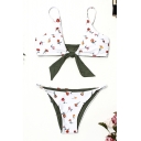 Vintage Knotted Front Floral Printed Spaghetti Straps White Bikinis