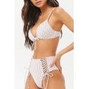Vertical Striped Lace Up Hollow Out Spaghetti Straps High Waist Bottom Bikini