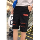 Men's New Fashion Letter SUPERSTAR Patched Drawstring Waist Destroyed Ripped Rolled Cuff Black Casual Denim Shorts