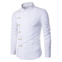 New Stylish Men's Solid Color Irregular Side Double Breasted Fitted Long Sleeve Shirt