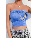 Embroidered Sexy Girl Letter Printed Sleeveless Blue Bandeau Top