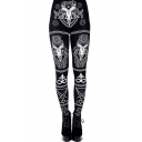 Gothic Style Ram Skull Pentagram Lucifer Sigil Printed Elastic Waist Slim-Fit Women's Leggings