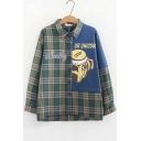 Cartoon Dog Plaid Letter LUCKY Printed Colorblocked Long Sleeve Green Casual Shirt