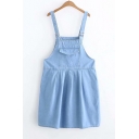 New Fashion Solid Big Pocket Patched Overall Light Blue Mini Pleated Denim Dress