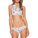 New Trendy Floral Printed Zipper Front Sleeveless White Bikini Set