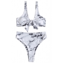 Holiday Sexy Marble Printed White Tied Front High Waist Bottom Bikini Swimwear
