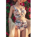 Sexy Vintage Floral Printed Hollow Out Front High Waist Bottom Bikini