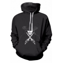 V for Vendetta Figure Pattern Relaxed Fit Black Drawstring Hoodie