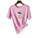 Cartoon Donald Duck Pattern Round Neck Short Sleeve Cotton Graphic T-Shirt
