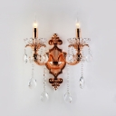 Copper Candle Wall Mount Lighting 2 Lights Vintage Style Metal Sconce Light with Clear Crystal for Bedroom